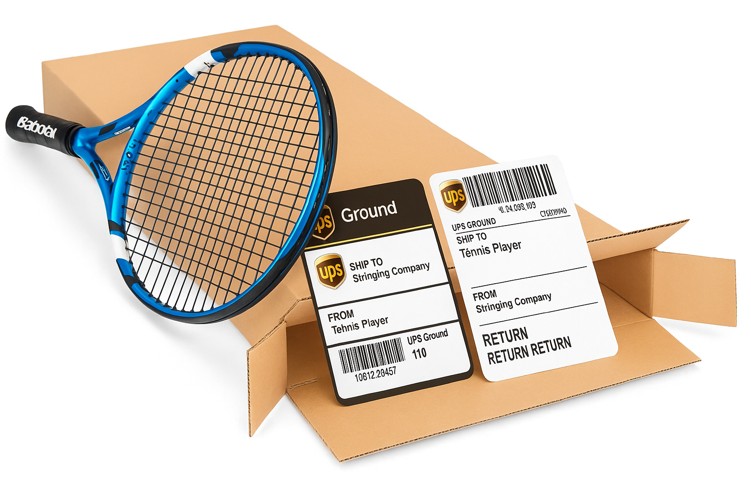 Reusable Tennis Racket Shipping Box For Stringing + Round Trip Shipping Labels for Stringing